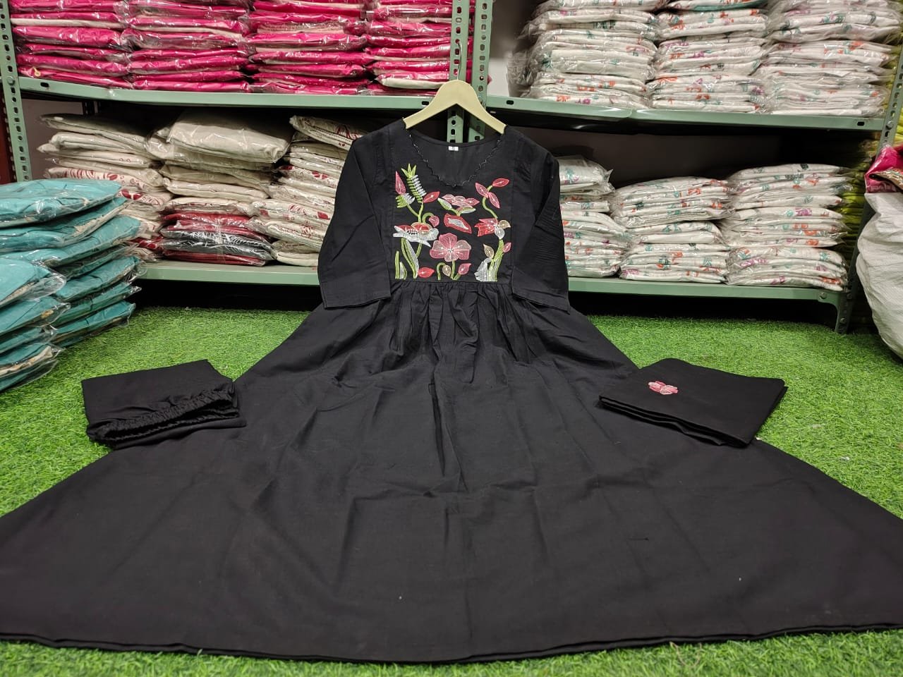 Black Anarkali Cotton Embroidered Suit Set